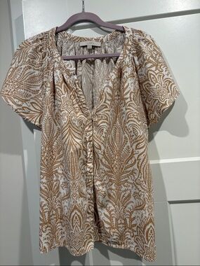 LOFT Cream and Brown Paisley-Print Short Sleeve Blouse